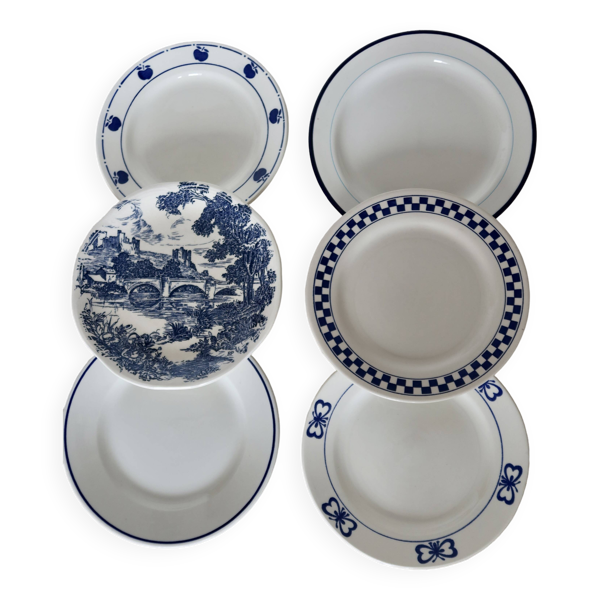 6 assiettes à dessert faïence et porcelaine bleue et blanche