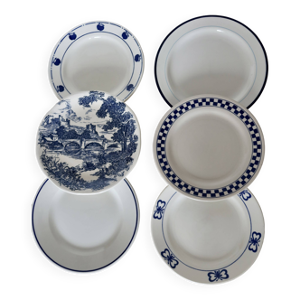 6 assiettes à dessert faïence et porcelaine bleue et blanche
