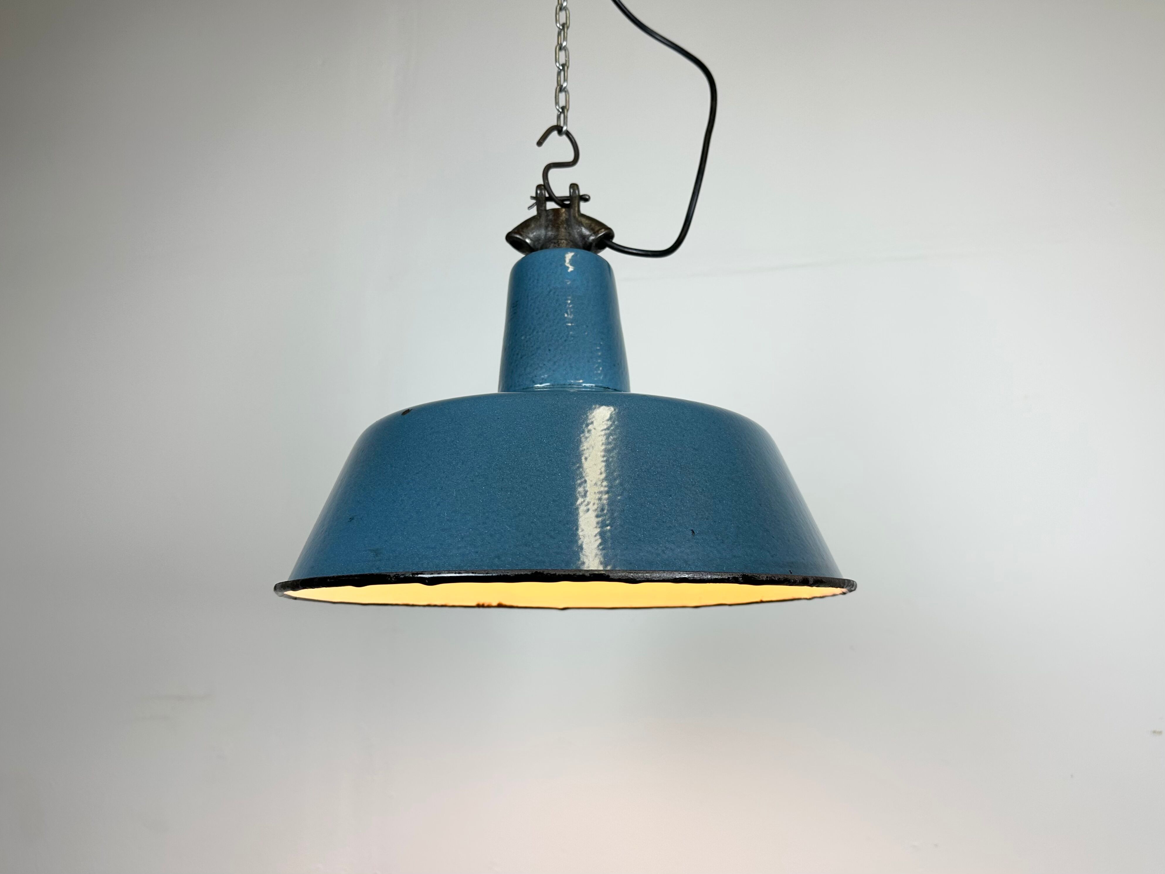 Industrial Blue Enamel Factory Lamp with Cast Iron Top, 1960s