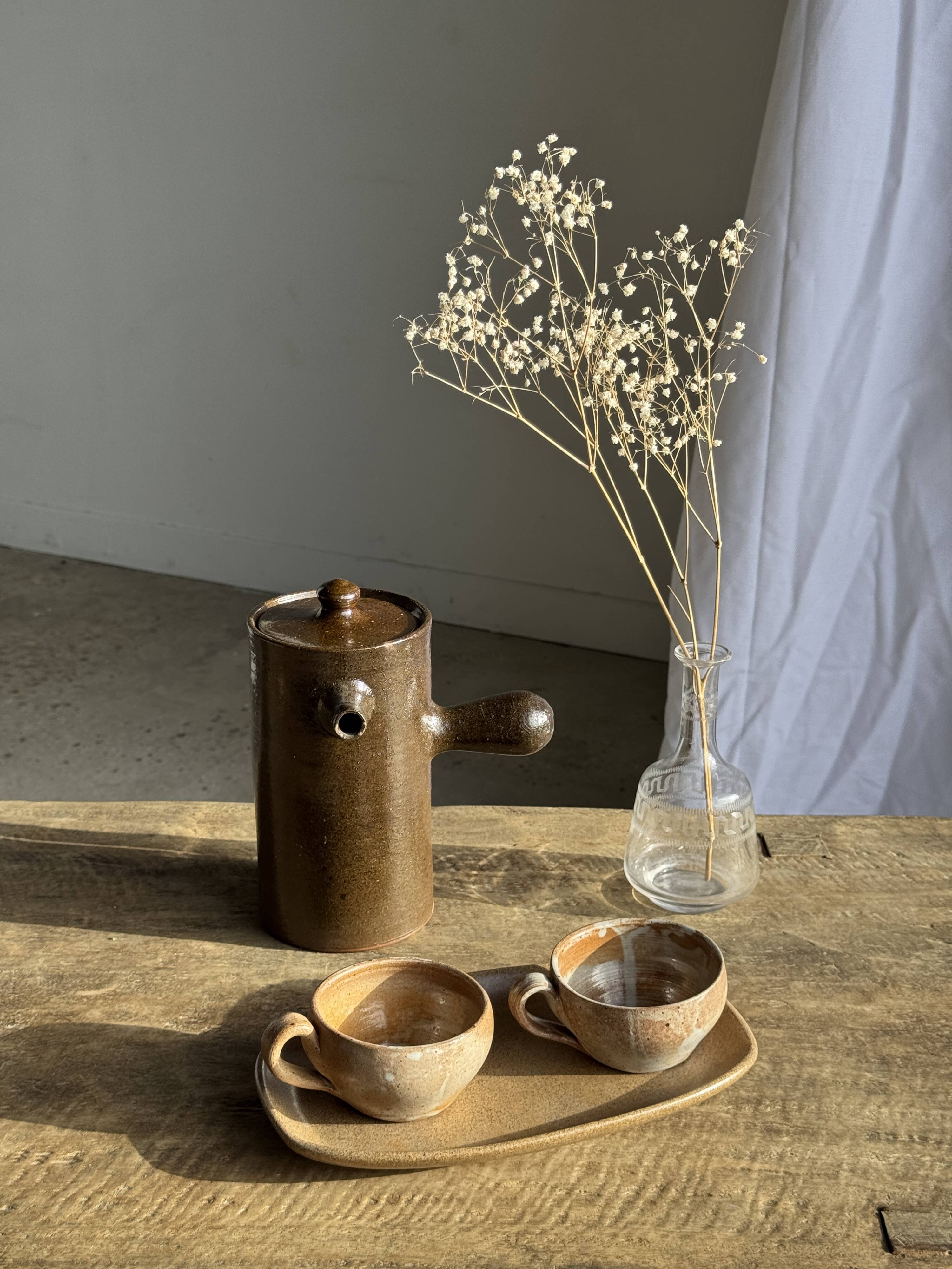 Set of 11 vintage coffee cups, raw matte stoneware H11