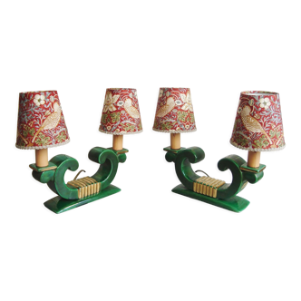 Paire de lampes Art Déco en céramique signées B Lasalle avec quatre abat-jours faits main en France