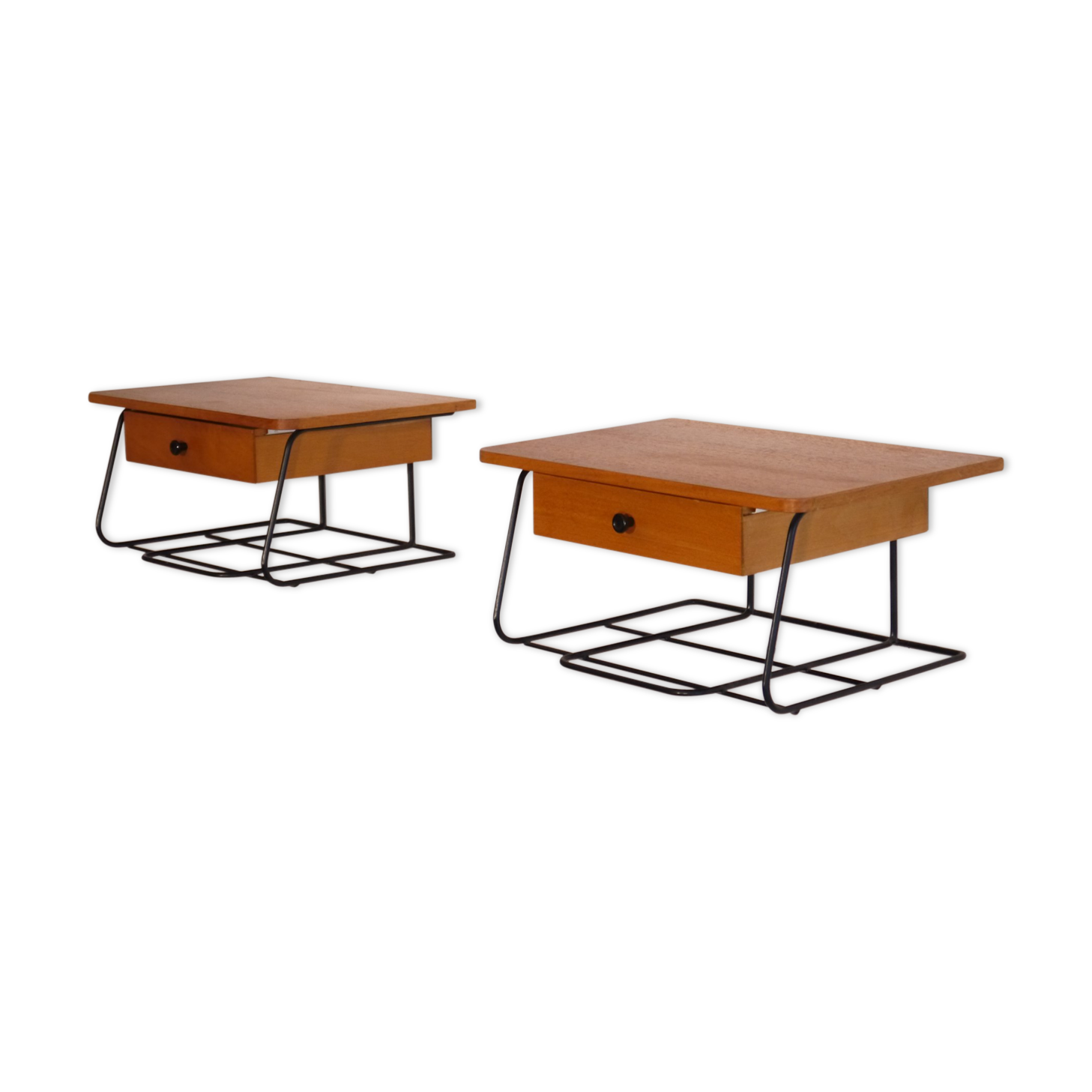 Scandinavian vintage hanging bedside pair in teak and metal