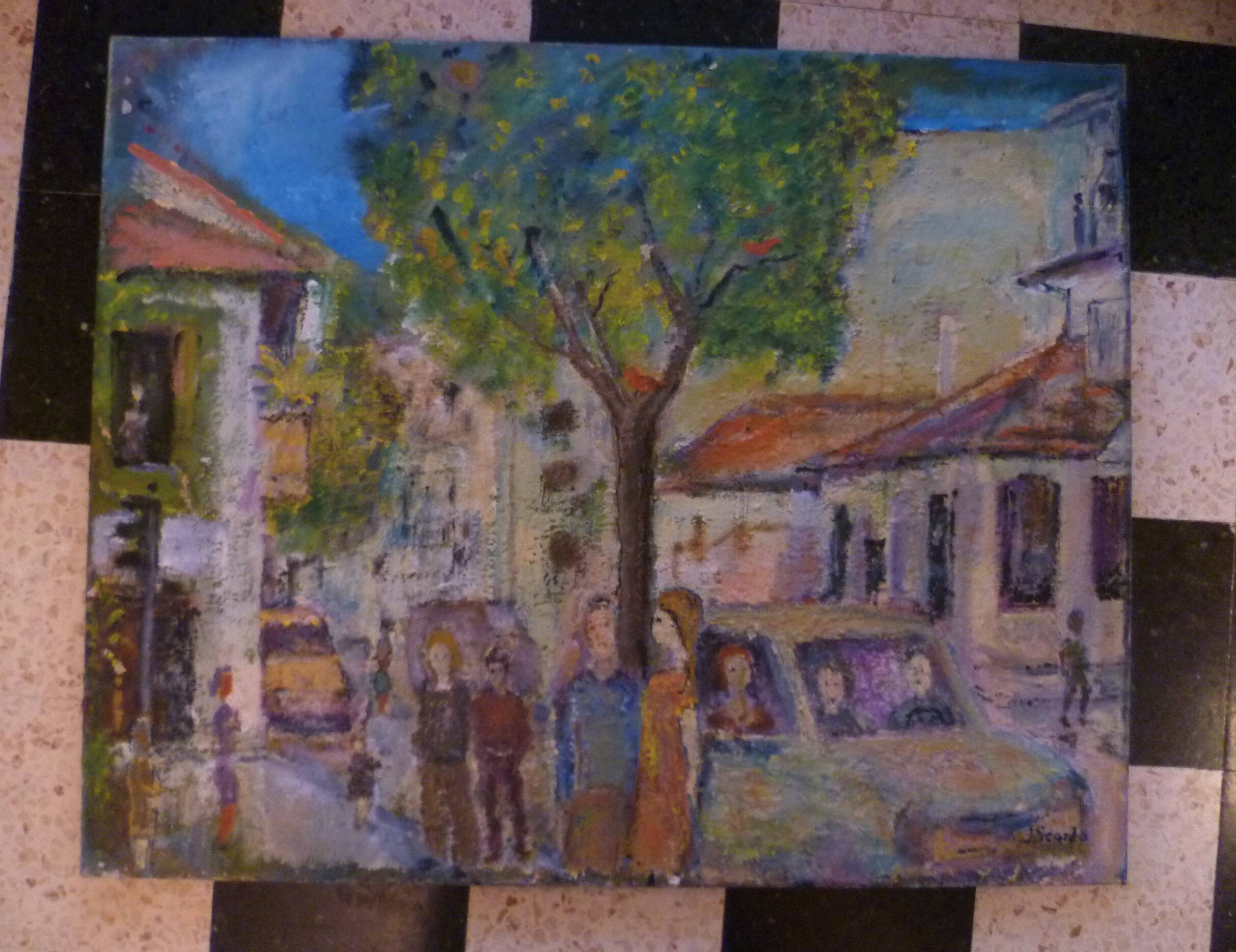 HS PAINTING/CANVAS GENRE SCENE ANIMAL STREET signed lower right J.SCARDO