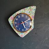 Vintage formica clock silent asymmetrical wall pendulum "Blue purple green flowers"