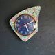 Vintage formica clock silent asymmetrical wall pendulum "Blue purple green flowers"