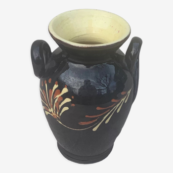 Vase amphore en céramique émaillée jaune et noir peint à la main vintage