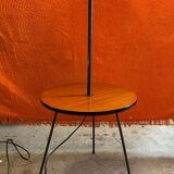 Vintage floor lamp 1960 black tripod base round varnished wooden shelf