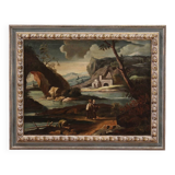 Antique painting landscape with characters from 18th century