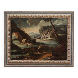 Antique painting landscape with characters from 18th century