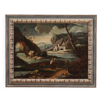 Peinture ancienne de paysage avec personnages du XVIIIe siècle