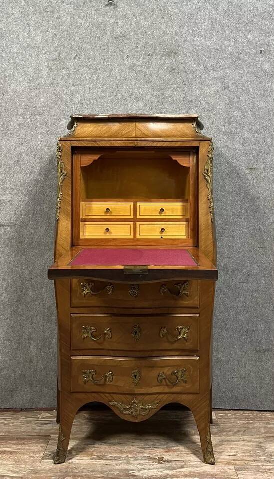 Fully curved Louis XV style secretary in precious wood marquetry circa 1850