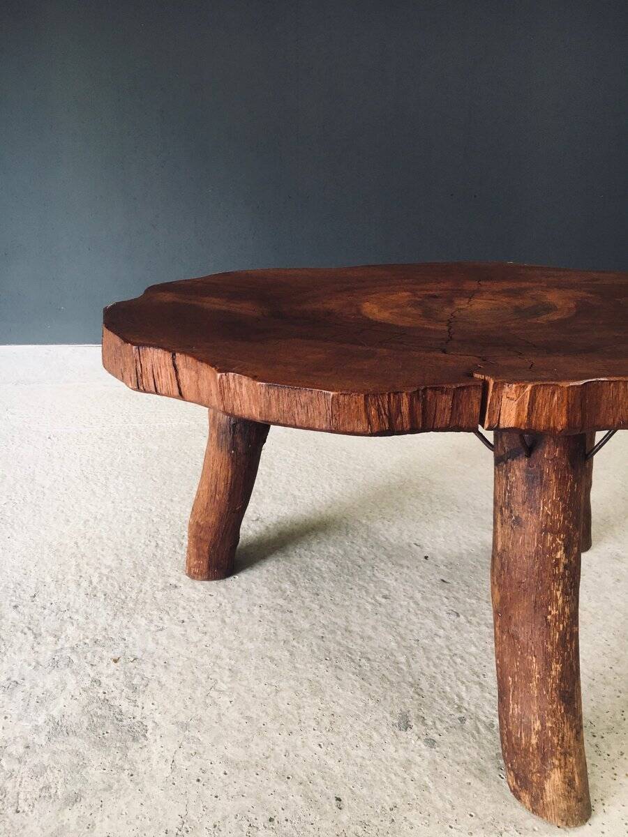 Handcrafted Teak Tree Trunk Tripod Coffee Table, 1960s