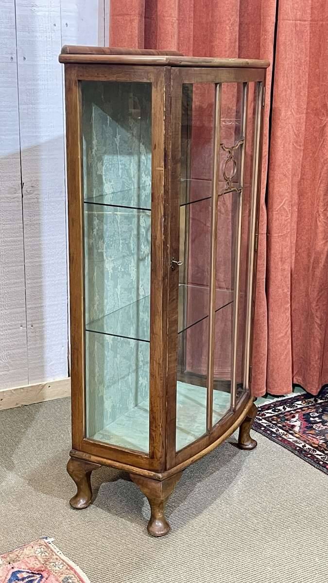 1950s English walnut display cabinet
