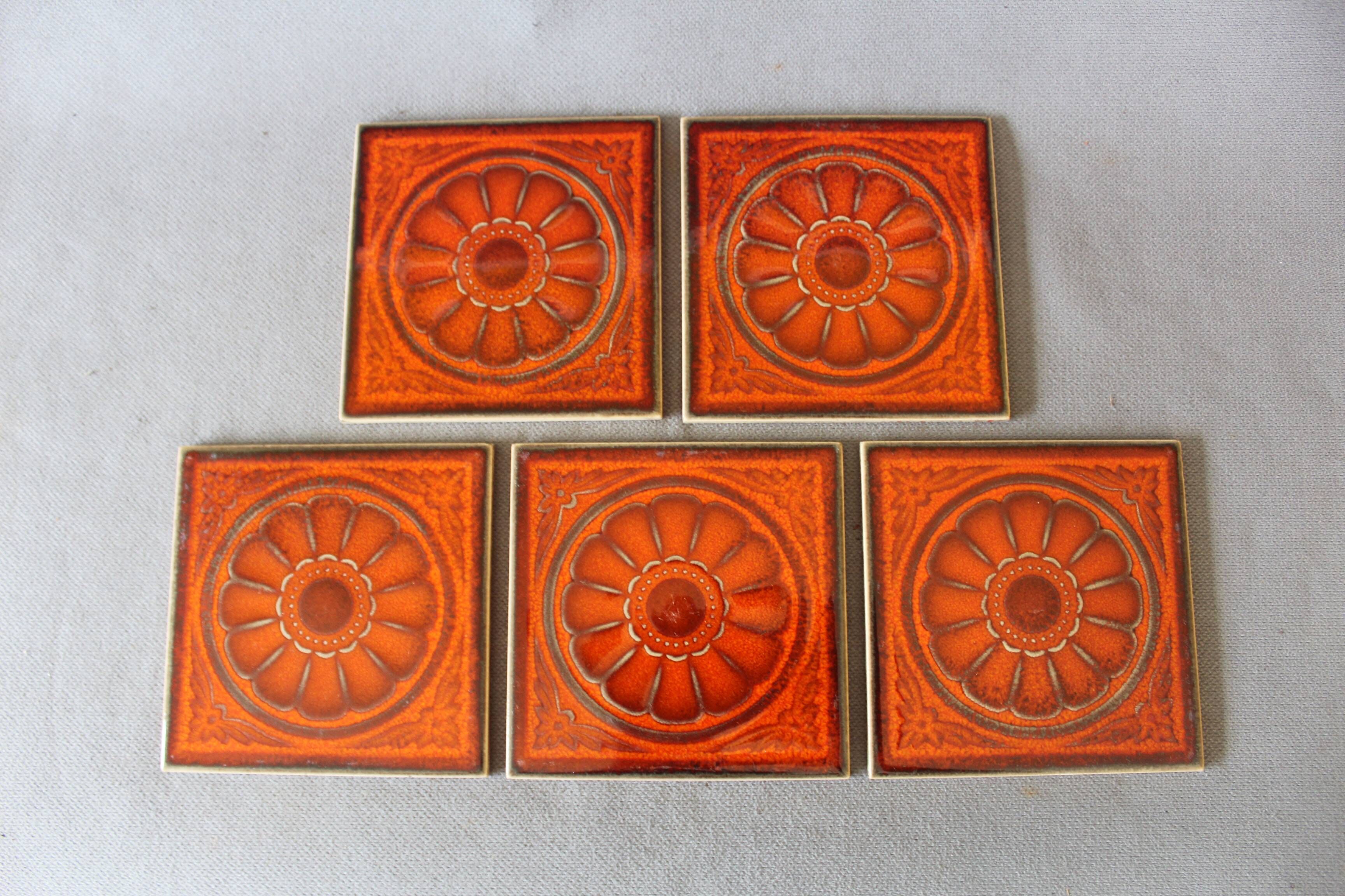 Vintage 5 Villeroy and Boch small tiles, 1960s-70s, orange flowers