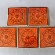 Vintage 5 Villeroy and Boch small tiles, 1960s-70s, orange flowers