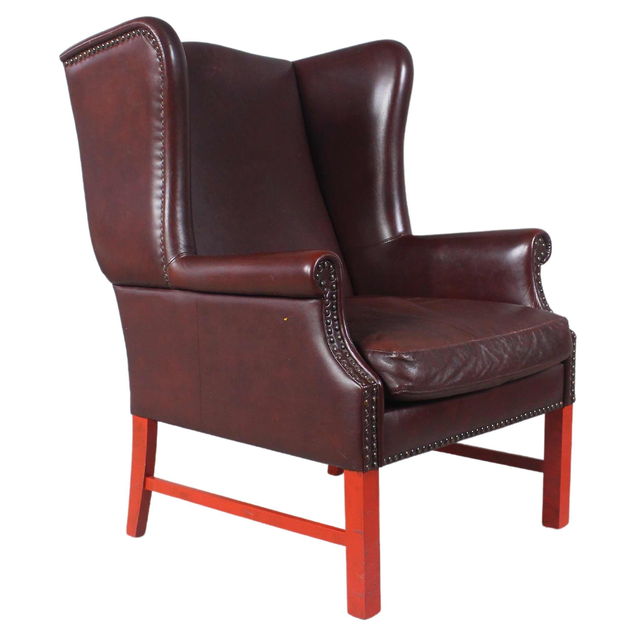 English Georgian Style Brown Leather Wingback Armchair