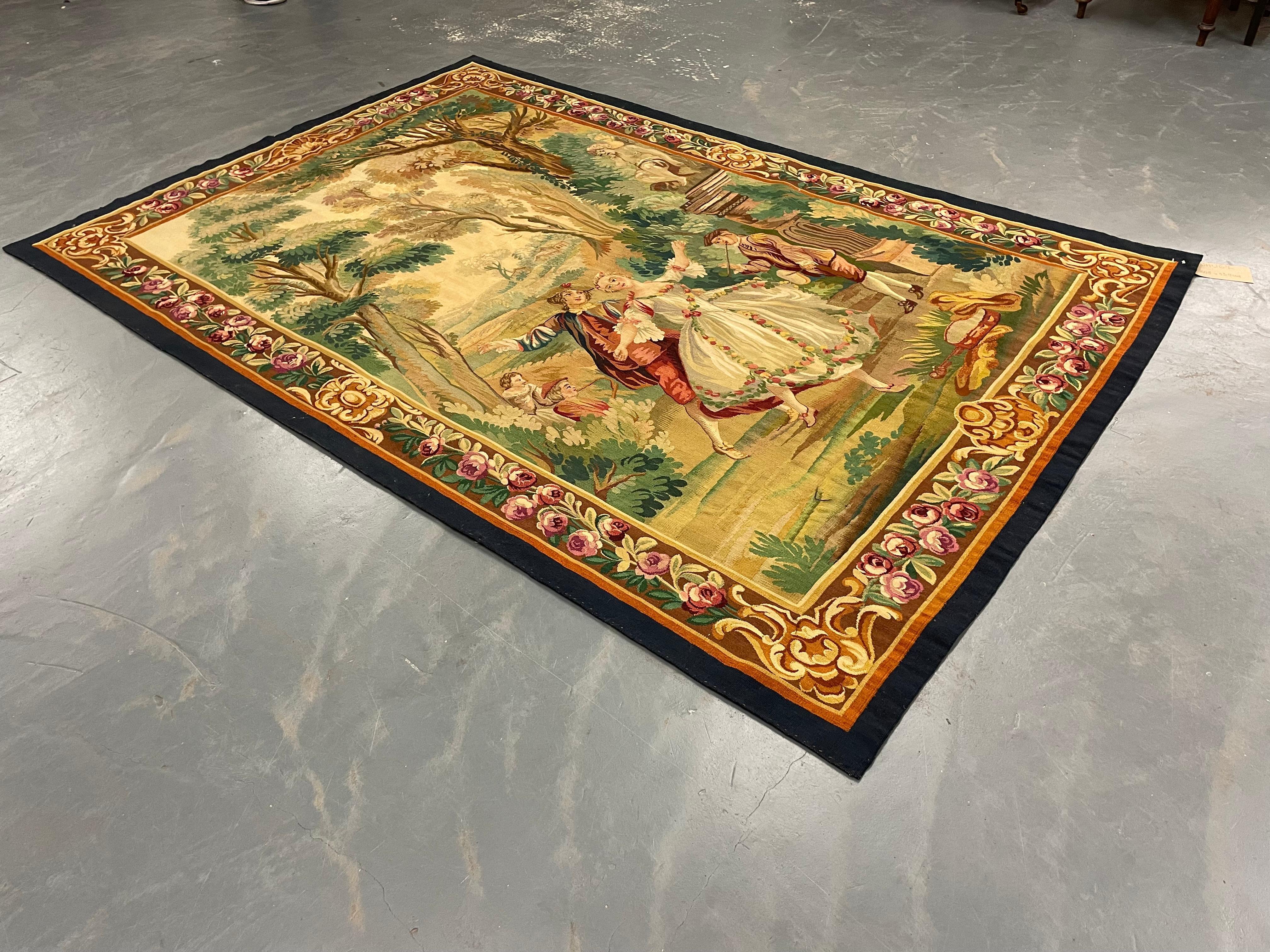 Tapisserie murale en laine de style français élégant avec verdure et scène de cour romantique