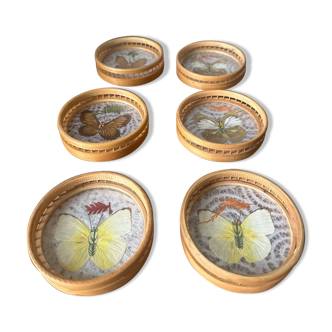 Lot de six sous verres en bambou et papillons