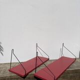 Duo of wall shelves in vintage red and black wood  1970.