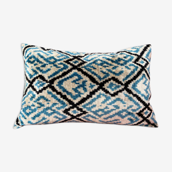 Ikat cushion in blue and black velvet