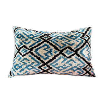 Ikat cushion in blue and black velvet