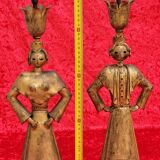 Pair of gilded beaten iron sculpture lamps attributed to Gilbert Poillerat