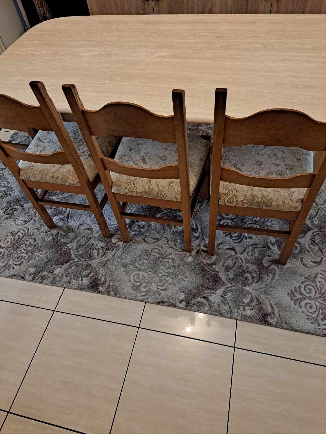Travertine dining table.