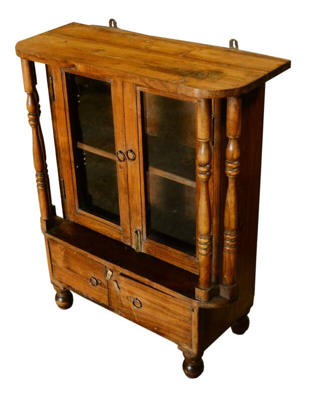 Brown jeweler's display case on legs, teak wood trade furniture, India