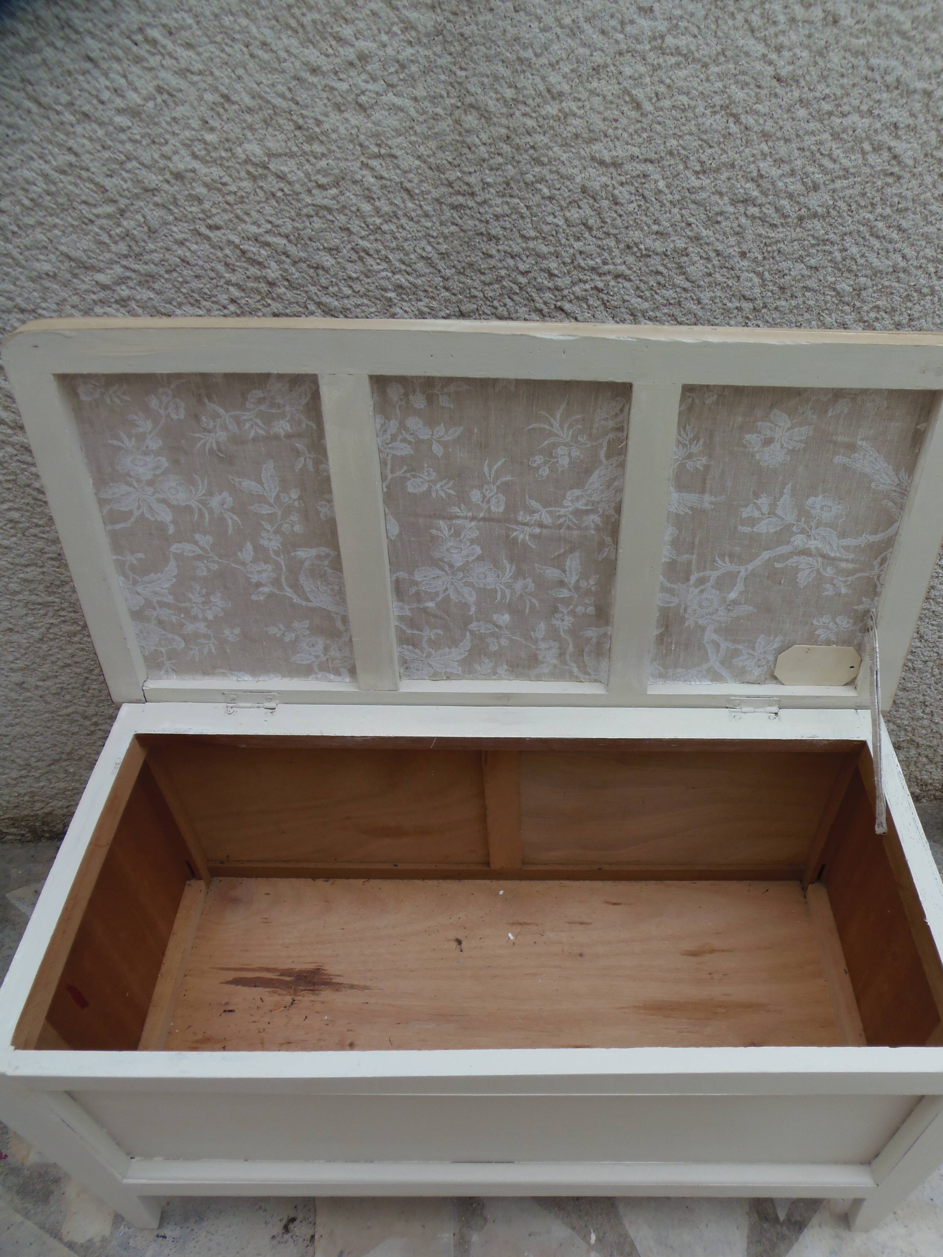 Re-enchanted vintage toy chest in beige, wooden tray.