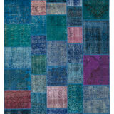 Handwoven anatolian contemporary 204 cm x 300 cm blue patchwork carpet