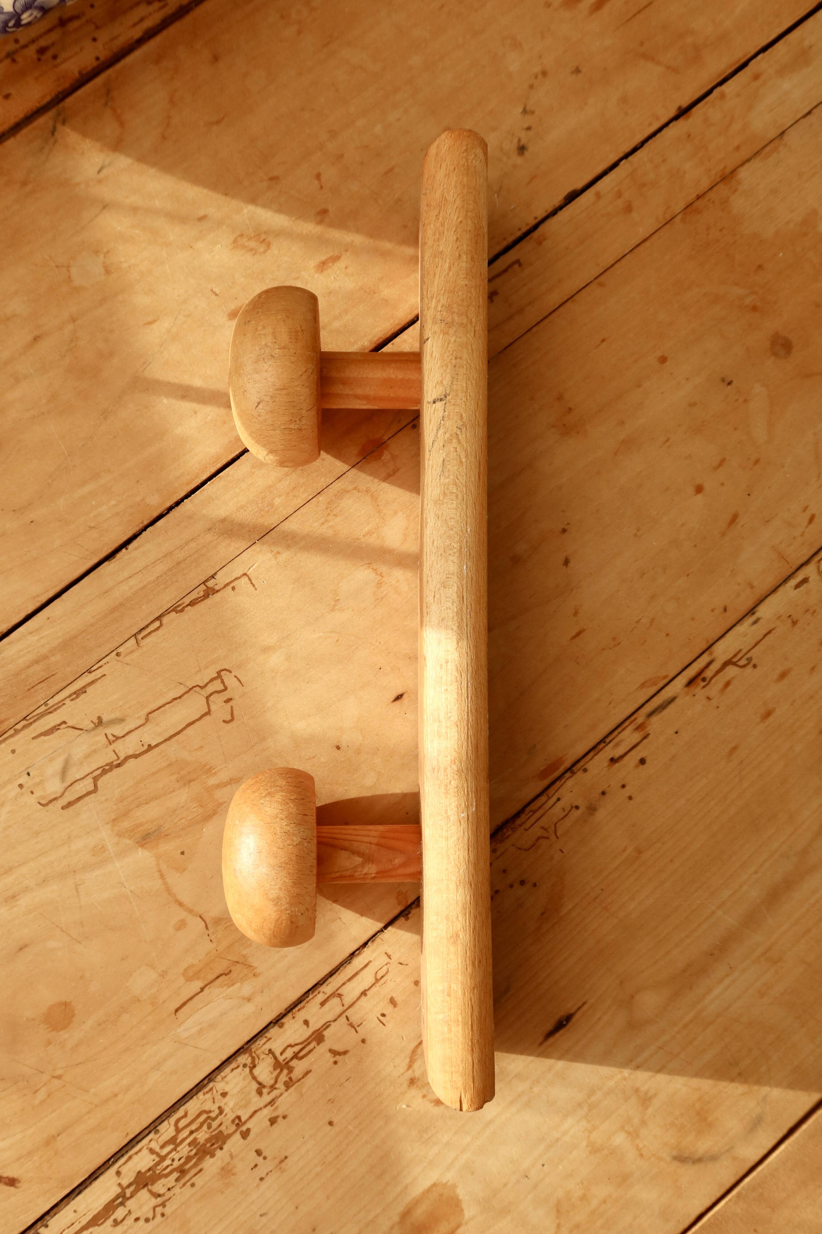 Vintage wall coat rack in pine with 2 hooks.