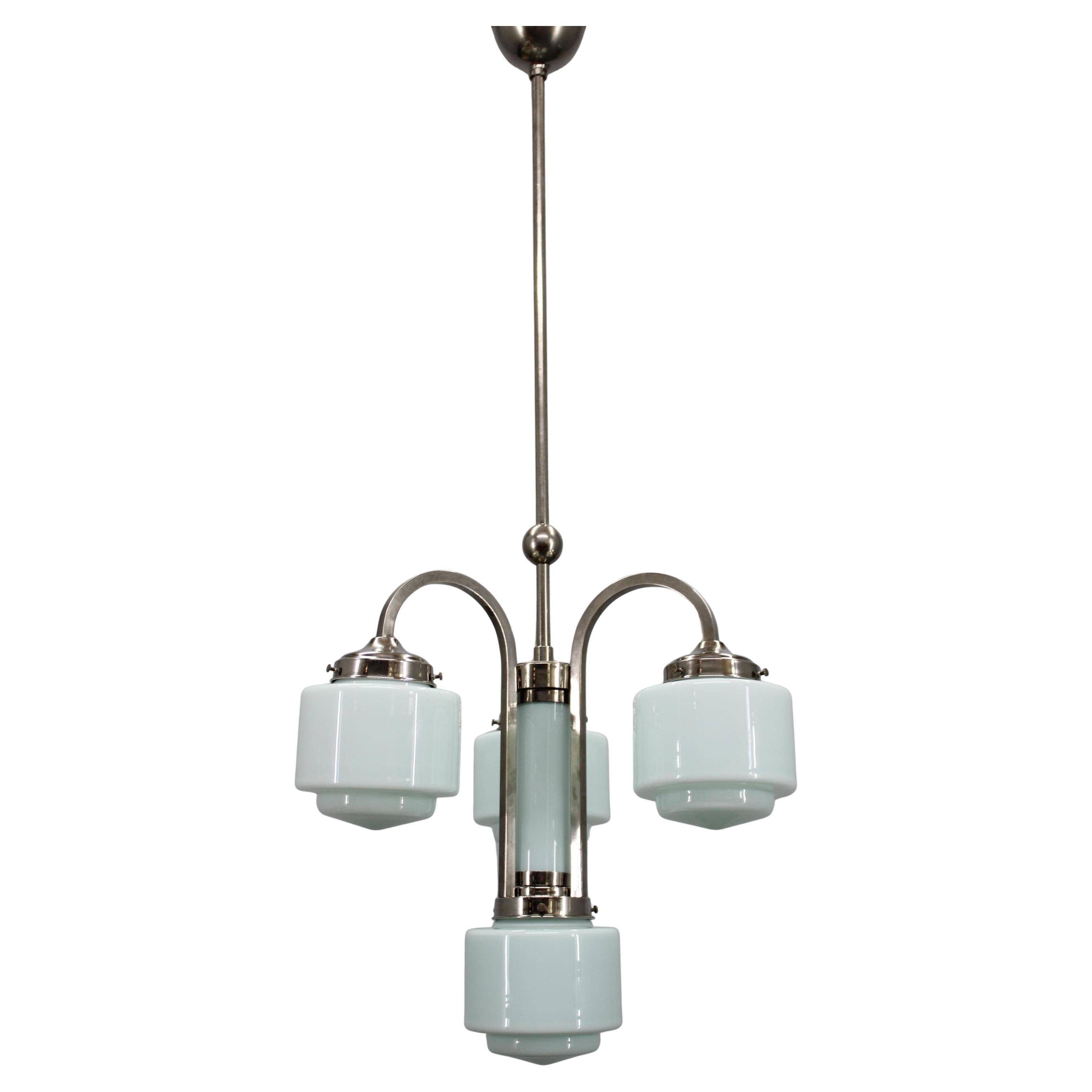Art Deco nickel chandelier with cylindrical light opaline shades, Czechoslovakia