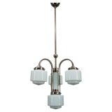 Art Deco nickel chandelier with cylindrical light opaline shades, Czechoslovakia