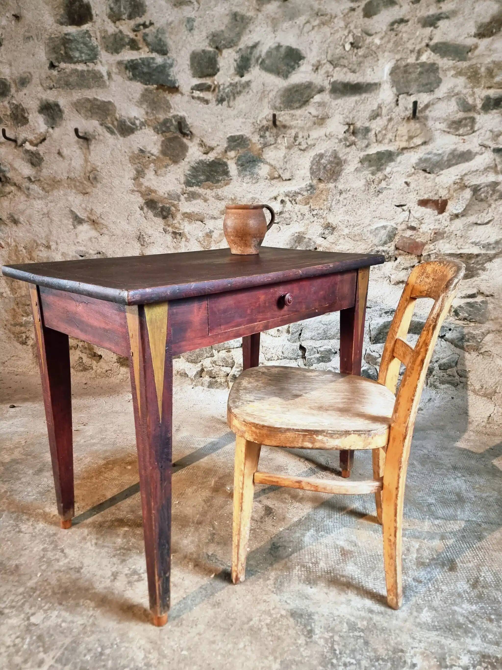 Antique French pine writing table, hand-painted folk art with drawer, signed 1916