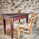 Antique French pine writing table, hand-painted folk art with drawer, signed 1916