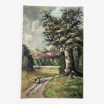 Huile sur toile, Paysage champêtre montagne paysannes, signé worscheck 1946