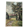 Huile sur toile, Paysage champêtre montagne paysannes, signé worscheck 1946