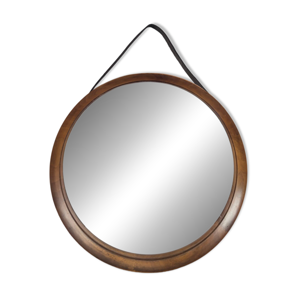 Miroir rond en teck et cuir Luxus Vittsjö par Uno et Östen Kristiansson