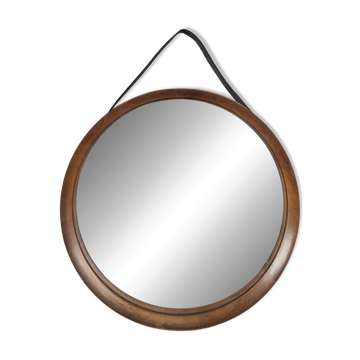 Miroir rond en teck et cuir Luxus Vittsjö par Uno et Östen Kristiansson