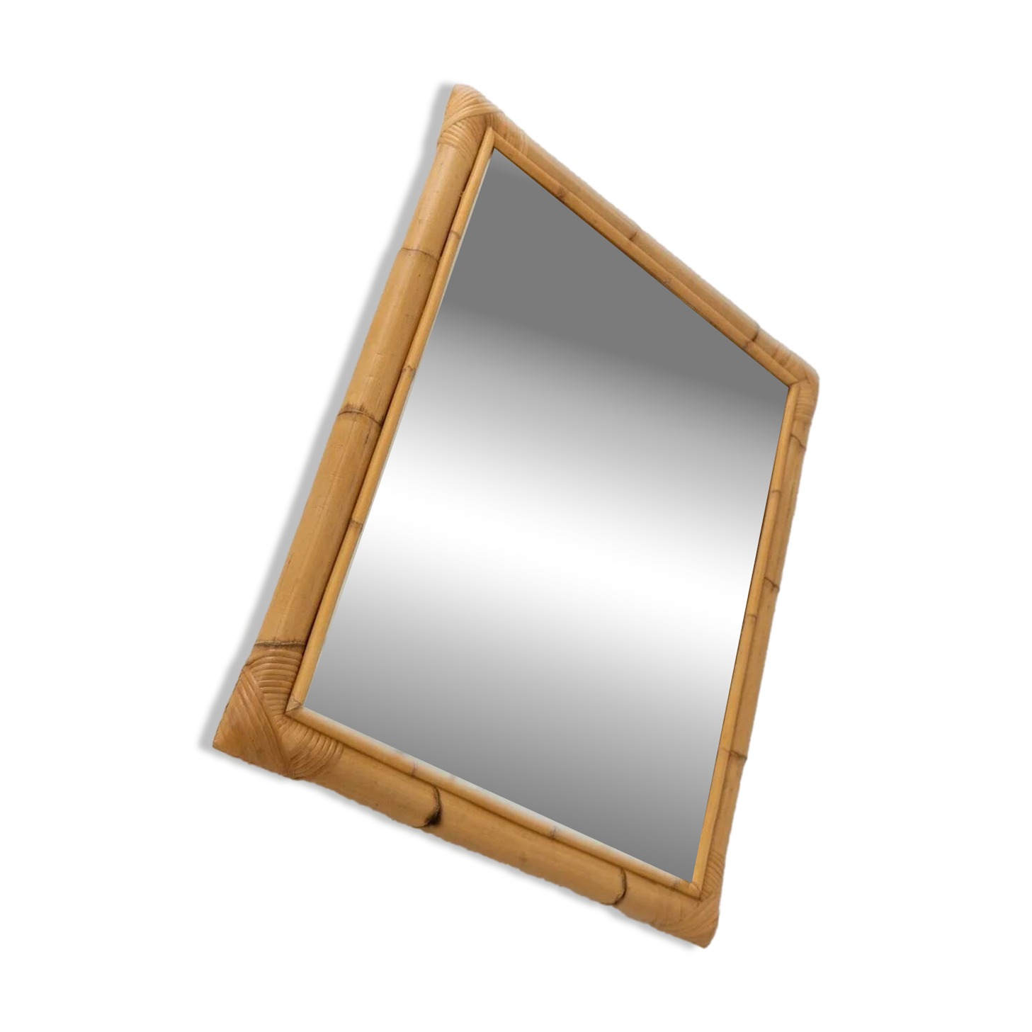 Miroir mural en bambou XL - Cadre en bambou beige, fabriqué en Italie, années 1940, style moderne du milieu du siècle