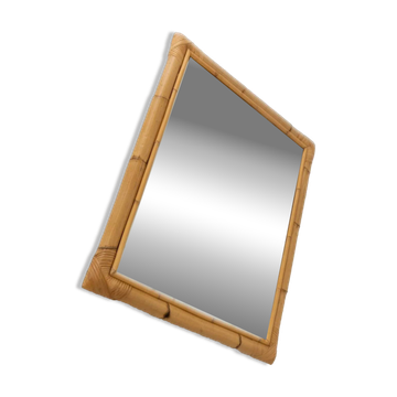 Miroir mural en bambou XL - Cadre en bambou beige, fabriqué en Italie, années 1940, style moderne du milieu du siècle