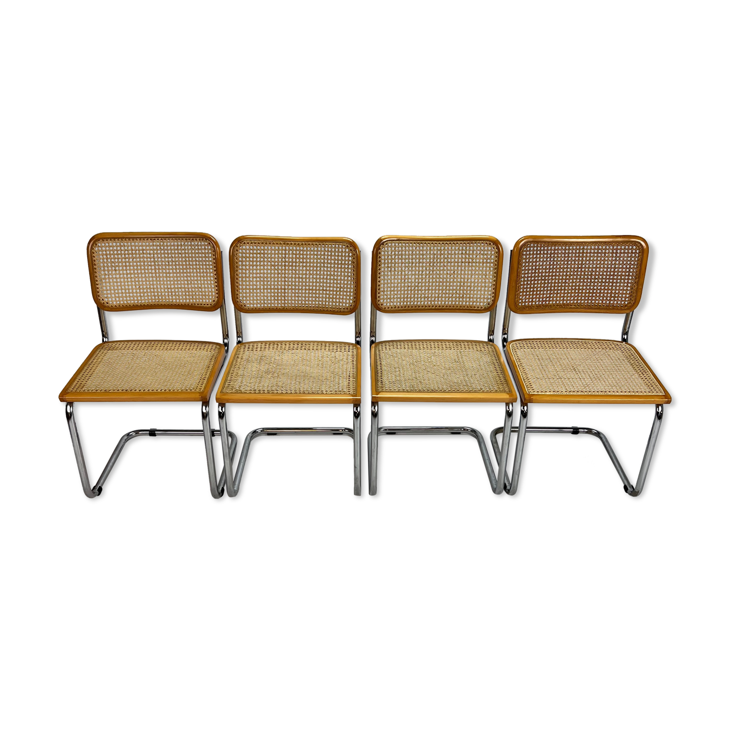 Set of 4 tubular frame and cane cantilever dining chairs, italy, 1970s