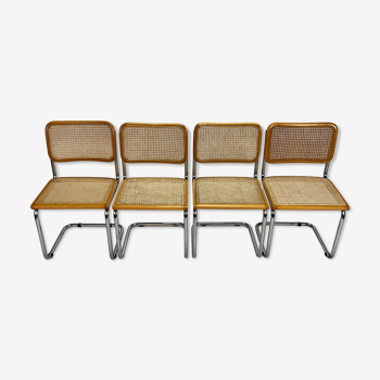 Set of 4 tubular frame and cane cantilever dining chairs, italy, 1970s