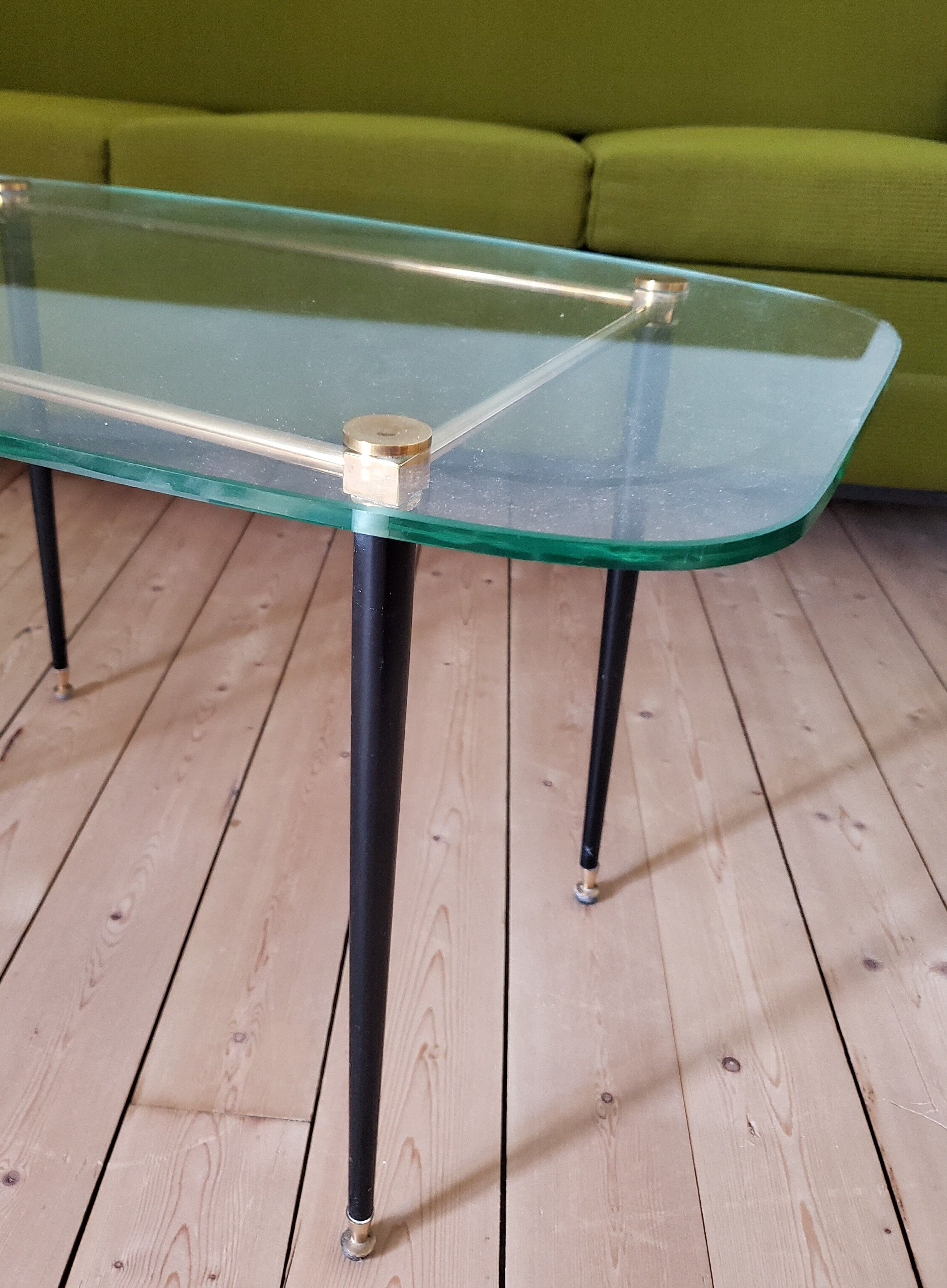 60's glass, metal and brass coffee table