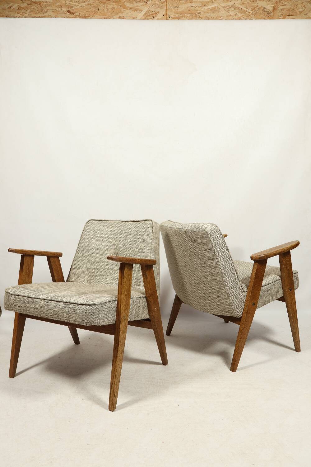Vintage armchair in natural rustic oak wood herringbone fabric modern design by Chierovsky