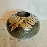 Grey brown round handmade vintage vase with leaf design