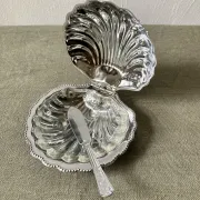 Metal shell butter dish with glass bowl and knife