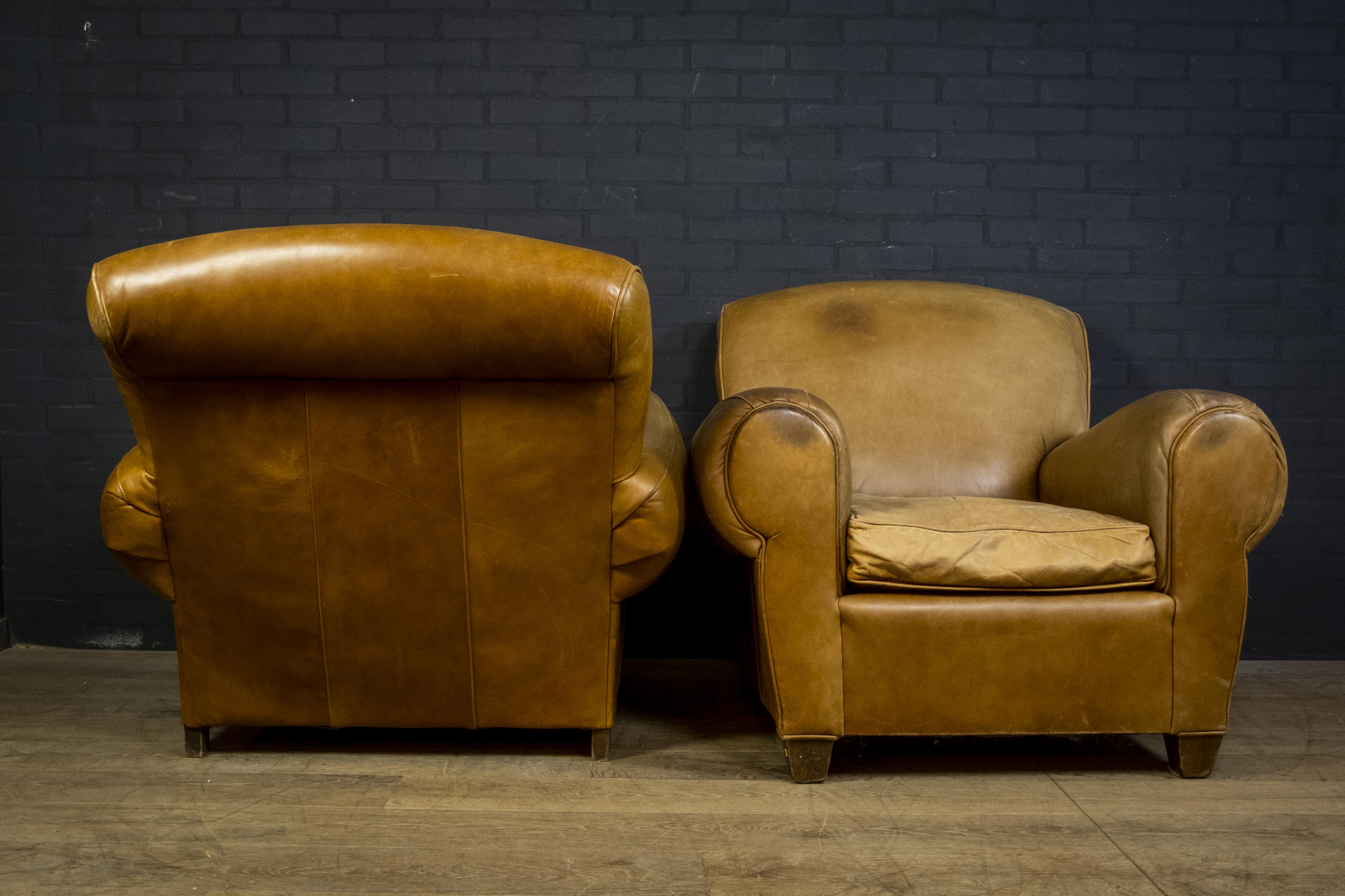 Set of leather french club armchairs