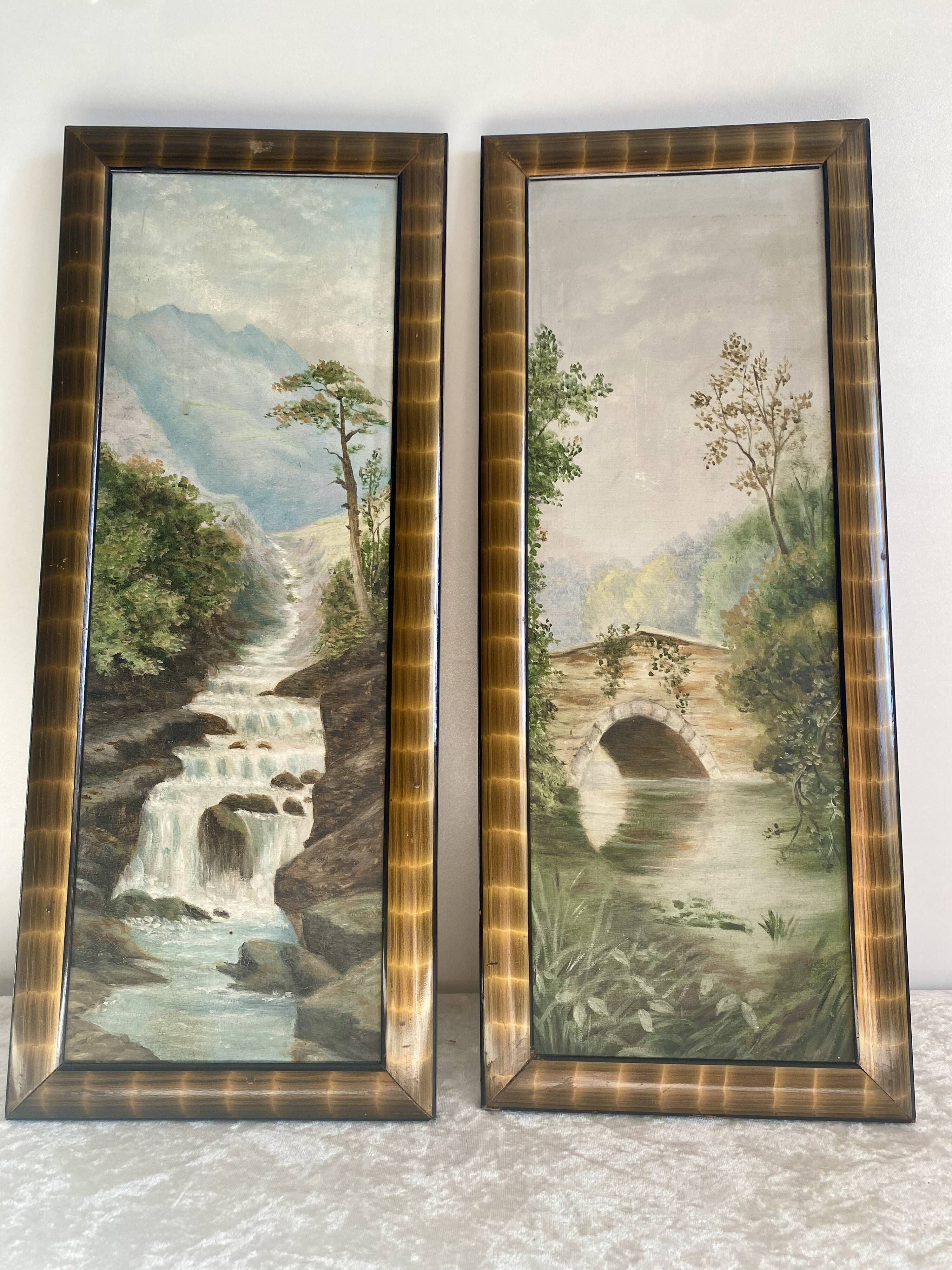 Pair of antique paintings. Romantic landscape diptychs.