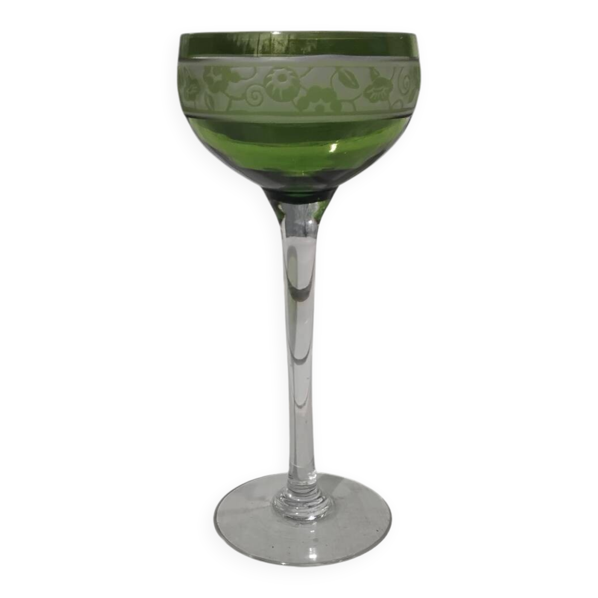 14cl Nancy Houillon crystal wine glass with green floral border